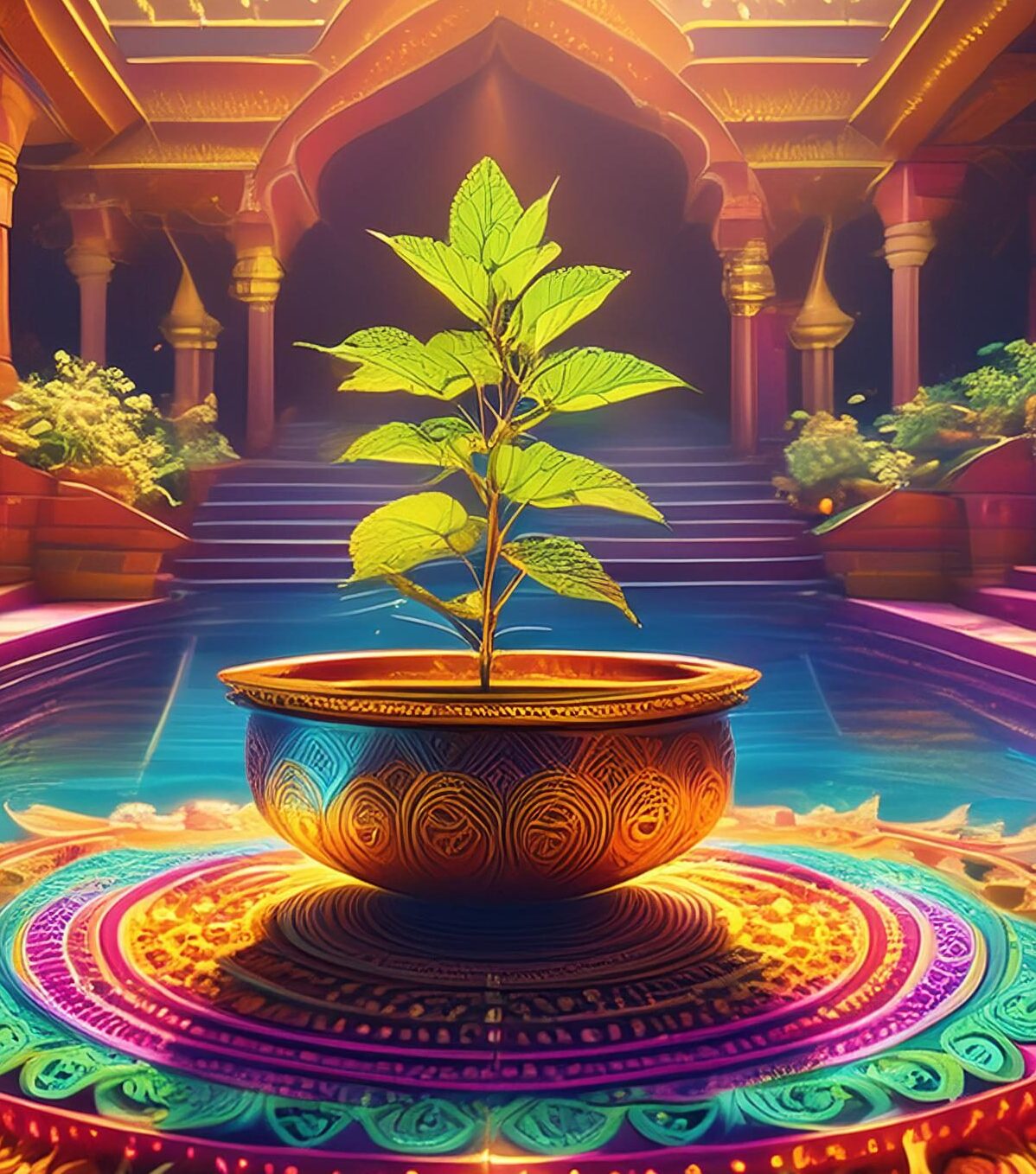 Wisdom through india | rituals and customs in india
tulsi plant standing on a decorated floor with rangoli drawn around